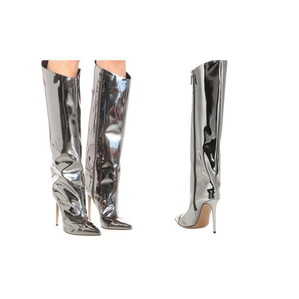 Metallic Silver Mirror Knee High Stiletto Boots Pointed Toe Size 43 10.5‎ US